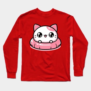 Kawaii Cat on a Pool Float Long Sleeve T-Shirt